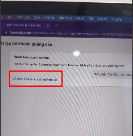 Thực hiện vô hiệu hóa tài khoản quảng cáo