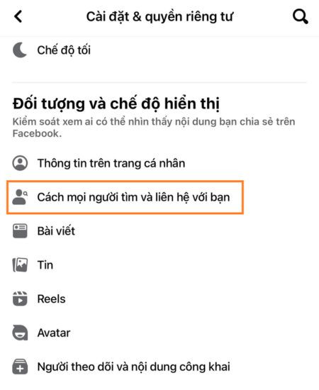 Nhấn chọn cách mọi người tìm và liên hệ với bạn