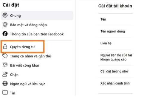 Click chọn quyền riêng tư