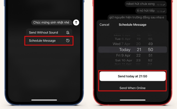 Bước 1: Chọn mục Schedule Message và điều chỉnh thời gian gửi tin nhắn